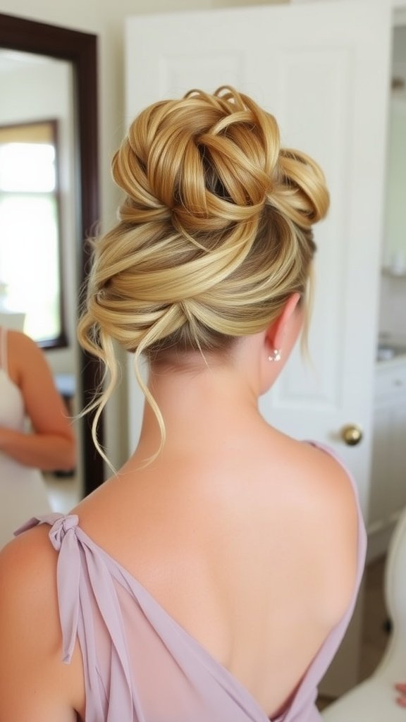 A bridesmaid's messy bun hairstyle with soft tendrils, showcasing an elegant and relaxed look.