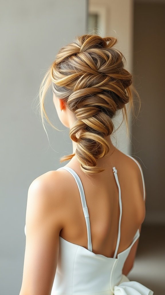 A bride with a messy chic ponytail hairstyle, showcasing loose strands and soft waves.