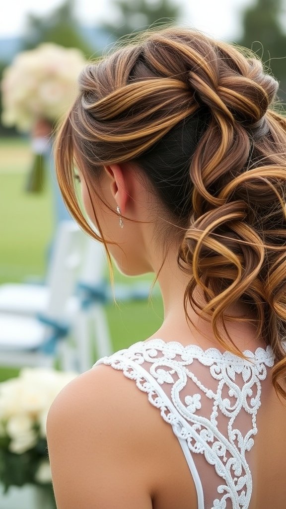 A bride with a messy half-up ponytail featuring soft tendrils, displaying curled hair and a delicate dress detail.