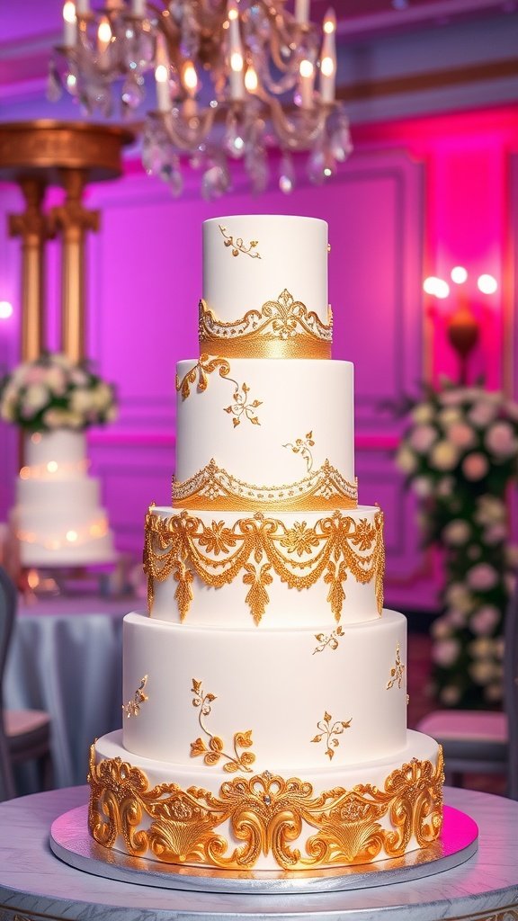 A multi-tiered wedding cake with elegant golden accents and intricate designs on a beautifully set table.