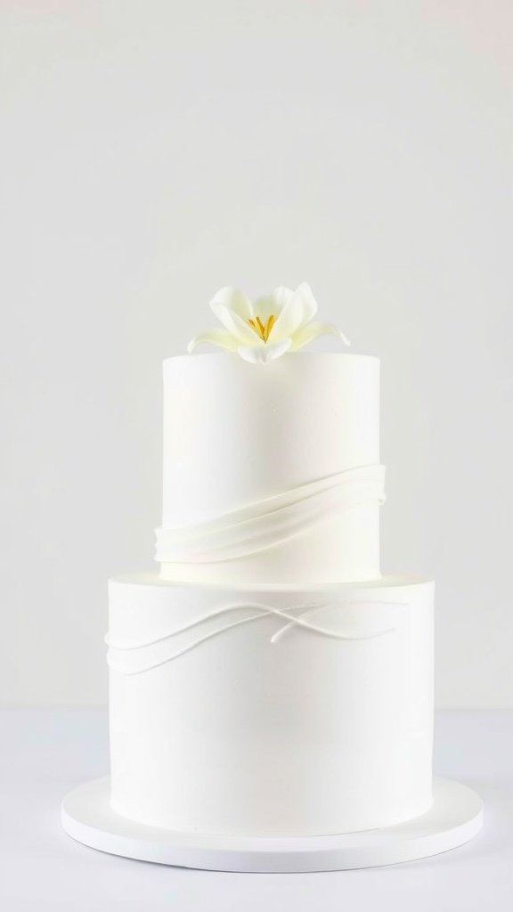 A modern minimalist wedding cake with two tiers, featuring smooth white surfaces and a delicate flower on top.