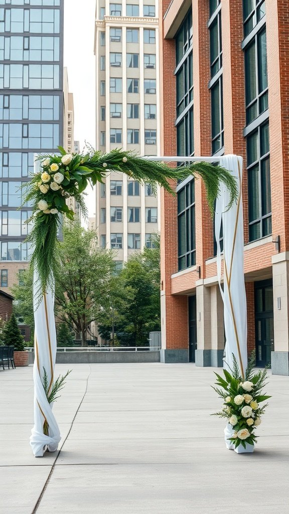 A minimalist wedding arch with white fabric and greenery, set against a modern urban backdrop.