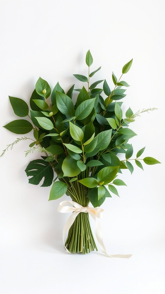 A minimalist greenery bouquet featuring various green leaves tied with a soft ribbon.