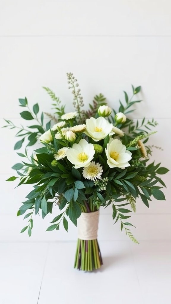 A minimalist bridal bouquet featuring white flowers and greenery, tied with natural twine.