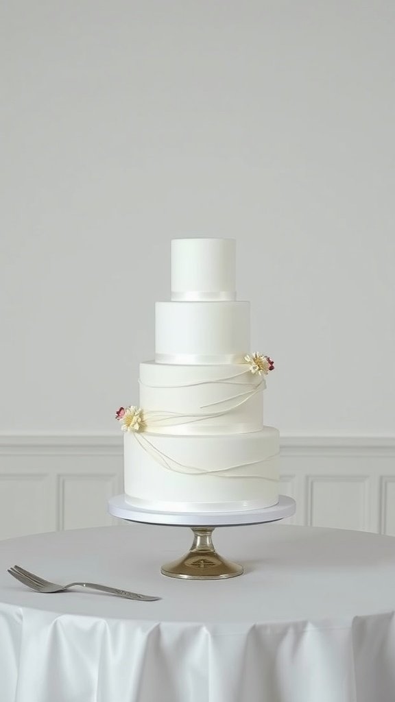 A minimalist tiered wedding cake with smooth white layers and simple decorations.