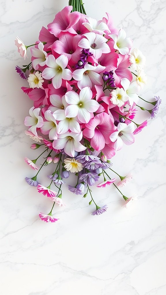 A mixed flower cascade bouquet featuring pink, white, and purple flowers, showcasing a vibrant and elegant design on a marble surface.