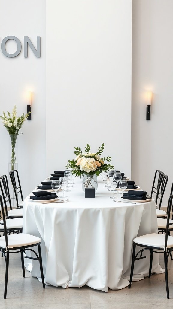 Modern minimalist wedding table setting with white tablecloth, black napkins, and floral centerpiece.