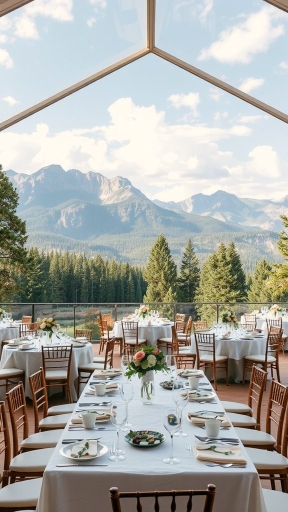 A beautifully arranged reception setup under a glass tent, overlooking stunning mountain views.