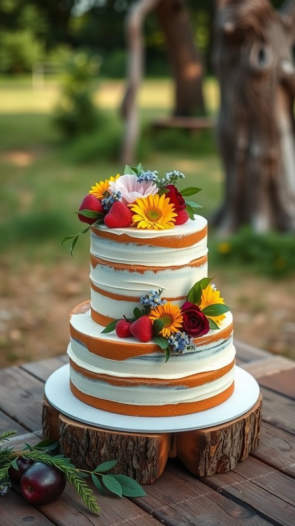 A three-tier naked wedding cake decorated with fresh flowers and strawberries, placed on a wooden slab in a natural setting.