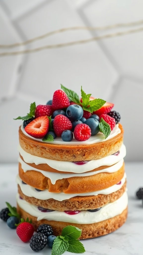 A beautiful naked cake decorated with fresh berries and mint leaves.