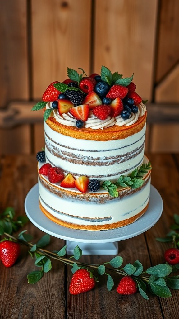 A two-tier naked wedding cake topped with fresh strawberries, blueberries, raspberries, and blackberries, displayed on a wooden table.