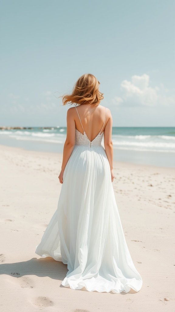 A bride with long hair walking on a beach in a flowing white dress.