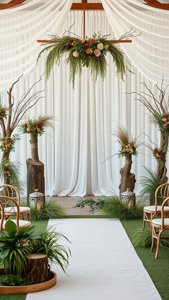 Outdoor wedding ceremony setup with natural decor, featuring floral arrangements, tree stumps, and a white aisle runner.