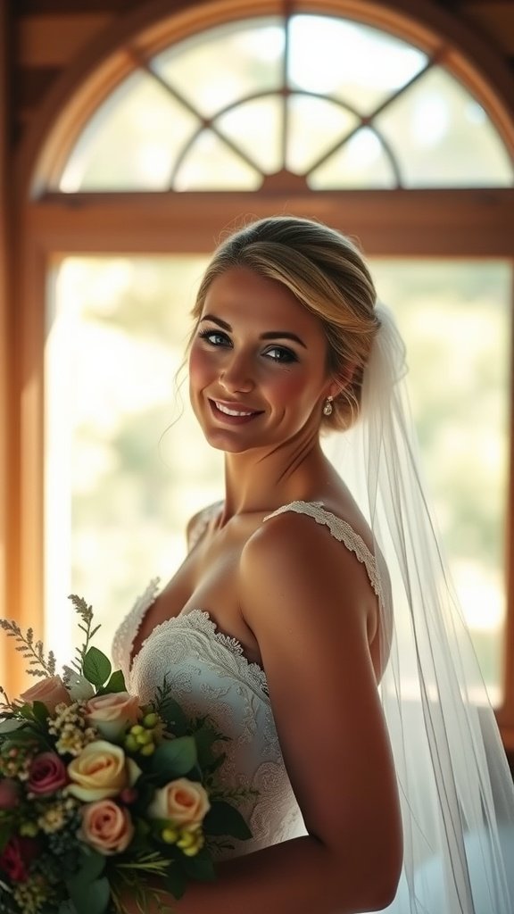 A bride smiling, wearing natural makeup with a bouquet in her hands.