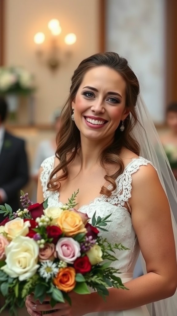 A smiling bride with natural makeup and a bouquet of colorful flowers.