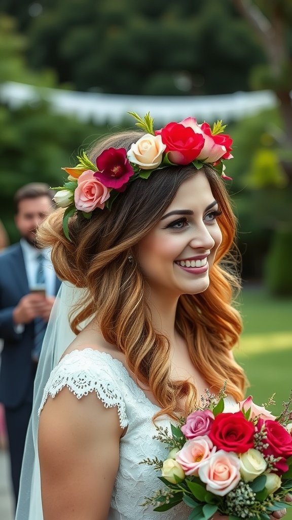A smiling bride with natural textured waves and a flower crown, holding a bouquet.