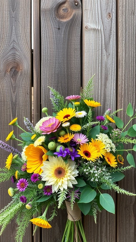 Colorful floral bouquet with sunflowers, daisies, and greenery against a wooden background