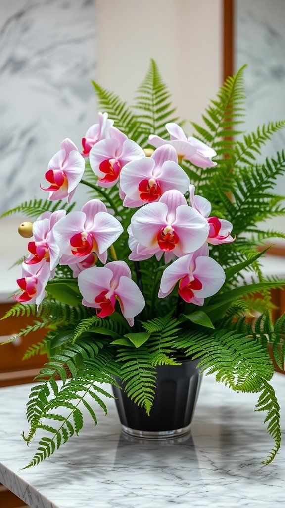 A bouquet featuring pink orchids and vibrant green ferns.