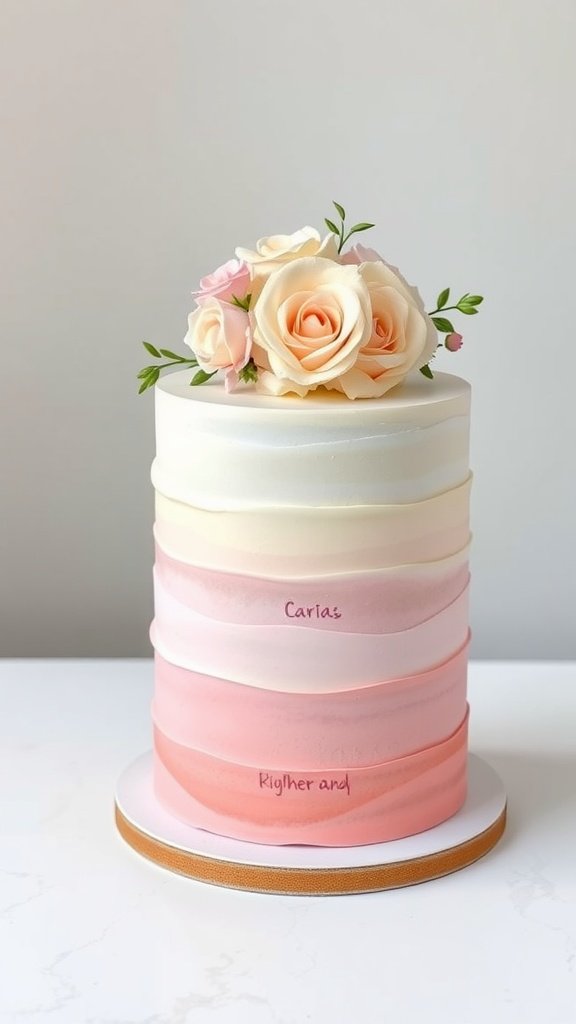 A beautiful pastel ombre buttercream cake decorated with roses, designed for a bridal shower.