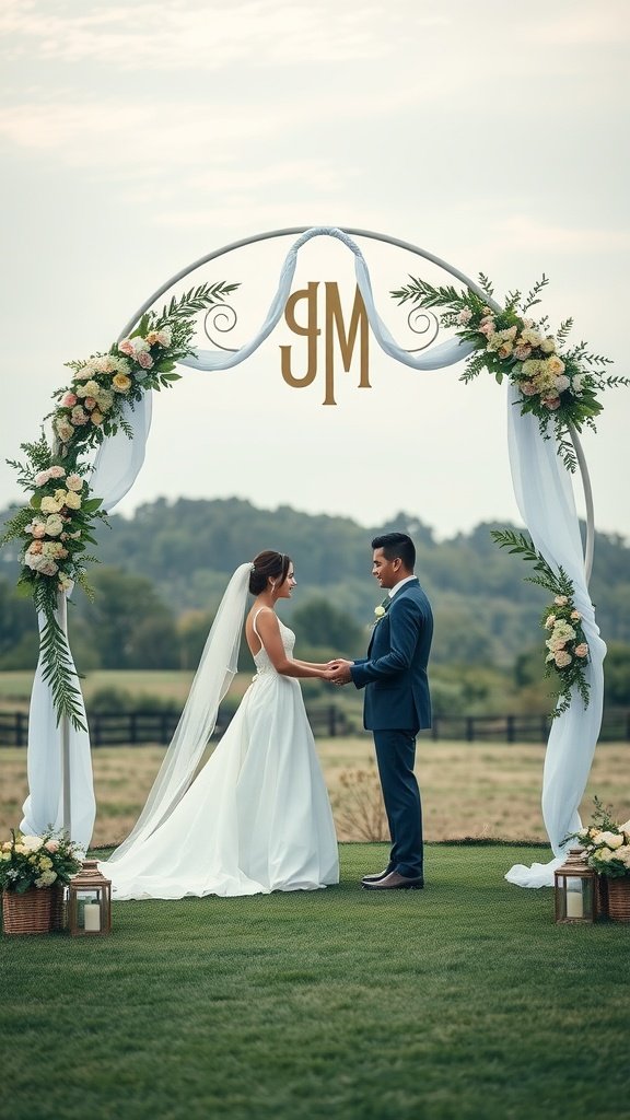 A wedding arch with a couple's monogram, decorated with flowers and fabric, as the couple holds hands and looks at each other.