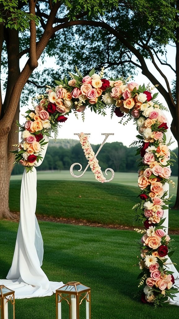 Wedding arch decorated with flowers and a personalized monogram