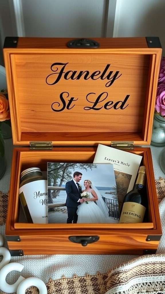 A personalized wooden box filled with a wedding photo, wine, and a candle.