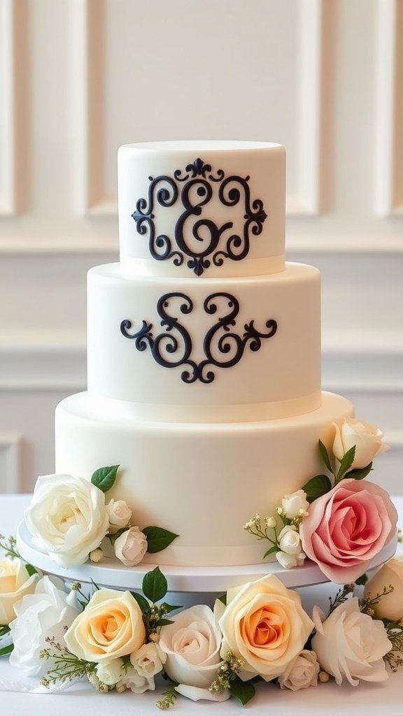 A three-tiered white bridal shower cake with black monogram designs and surrounded by roses.