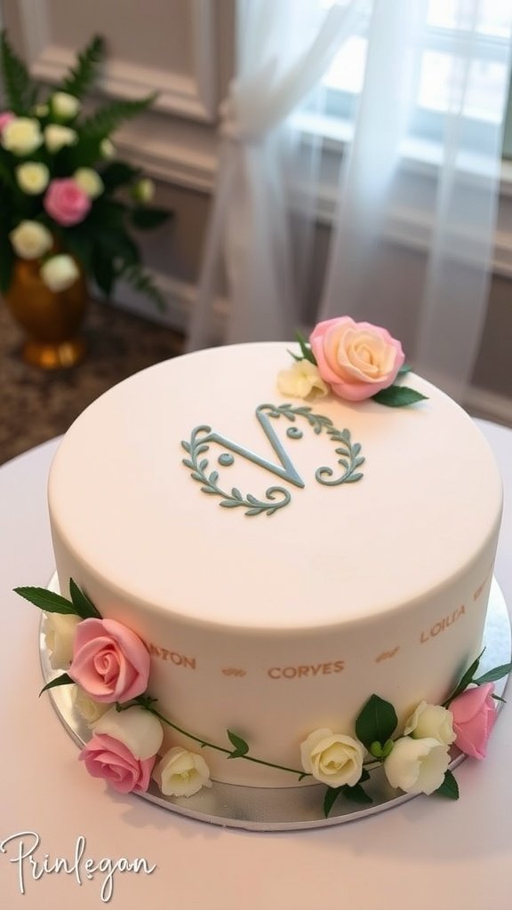 A personalized monogram cake decorated with pastel roses and a monogram in the center.