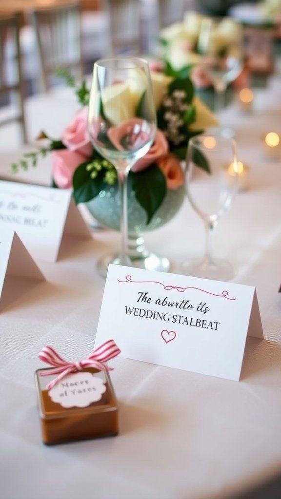 A wedding table with personalized place cards and favor boxes.