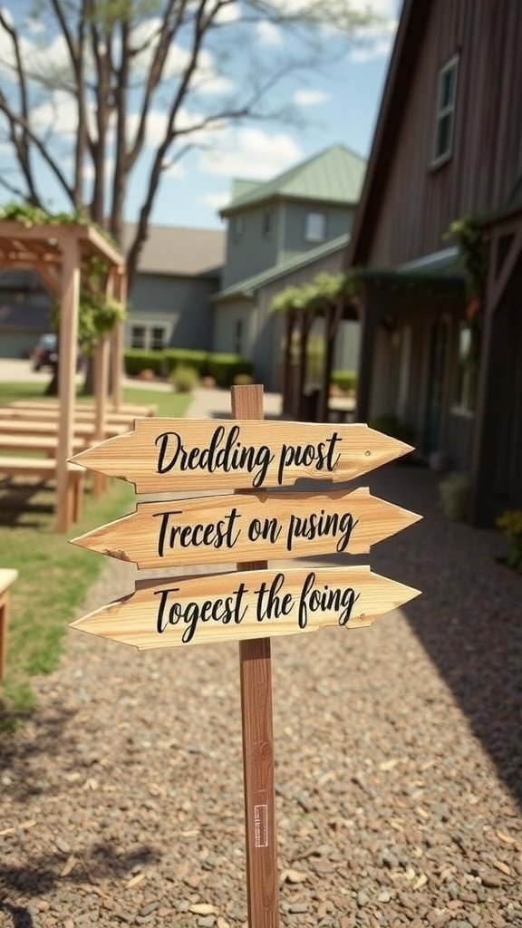 Wooden directional sign with playful messages for a rustic wedding setting