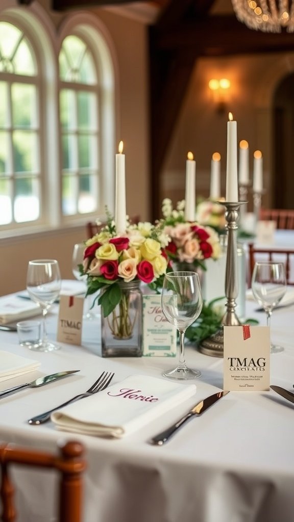 An elegantly set wedding table with floral centerpieces, candles, and personalized napkins.