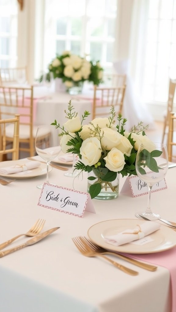 A beautifully set table for a bride and groom at a wedding, featuring white roses, gold cutlery, and personalized name cards.