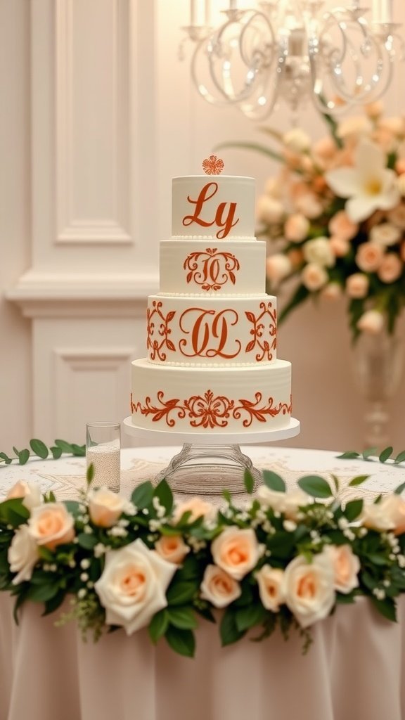 A modern wedding cake with initials and decorative patterns, surrounded by roses and greenery.