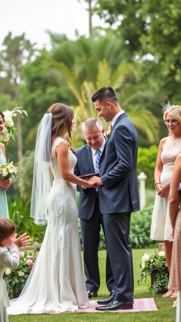 A couple exchanging personalized vows in a garden during their micro wedding