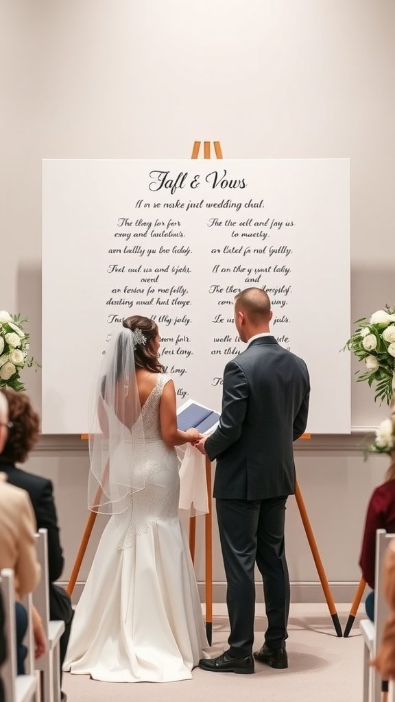 Couple reading their personalized wedding vows displayed on a canvas during the ceremony.