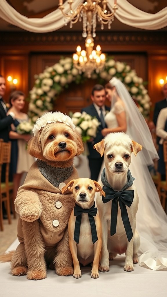 Three dogs dressed for a wedding, with a floral backdrop and wedding ceremony in the background.