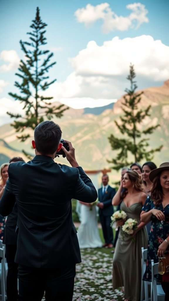 A photographer capturing a wedding ceremony outdoors with mountains in the background.