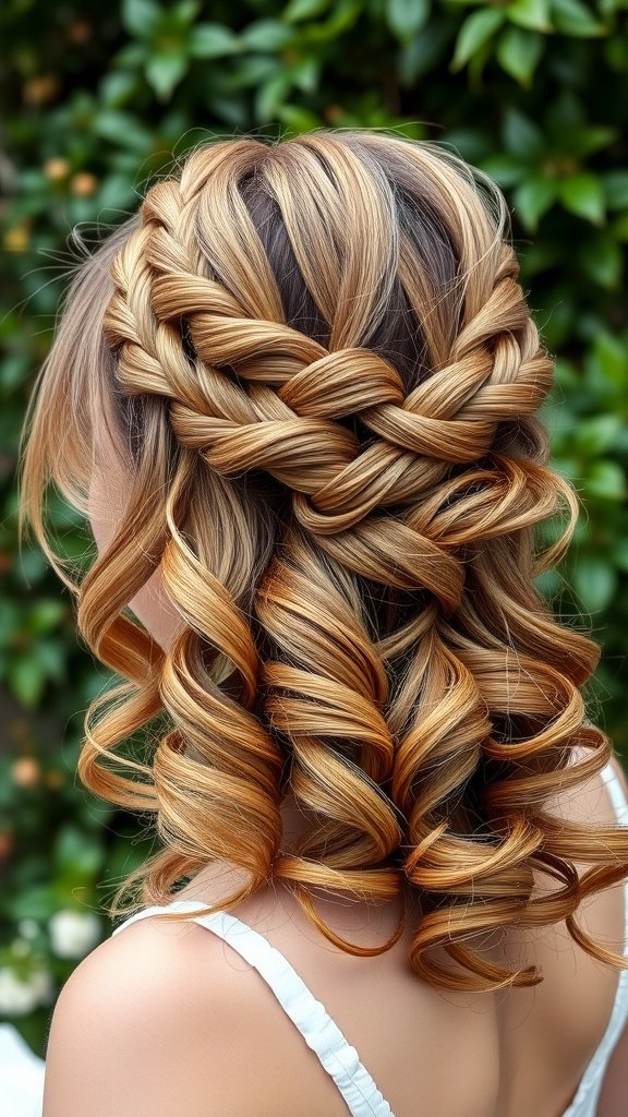 A playful braided crown hairstyle with golden tones and soft curls.