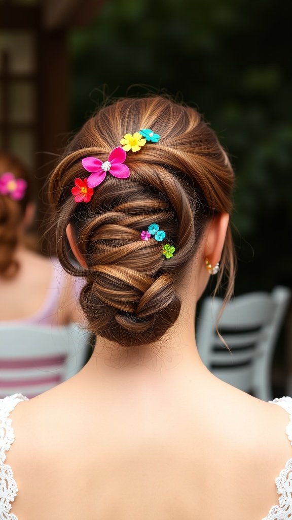 Bridal ponytail adorned with colorful accessories, featuring a beautiful braid and floral clips.