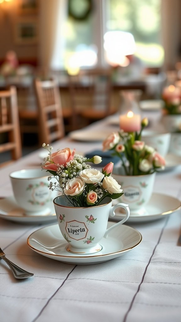 Teacups with mini bouquets arranged on a table for a rustic wedding centerpiece.