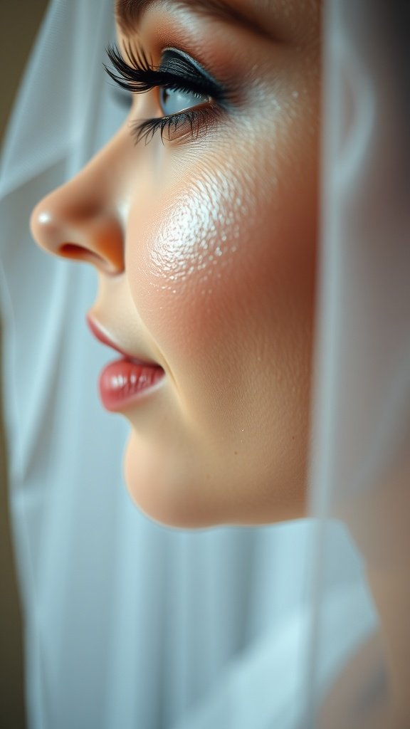 Close-up of a bride's face showcasing radiant highlight on her cheekbones