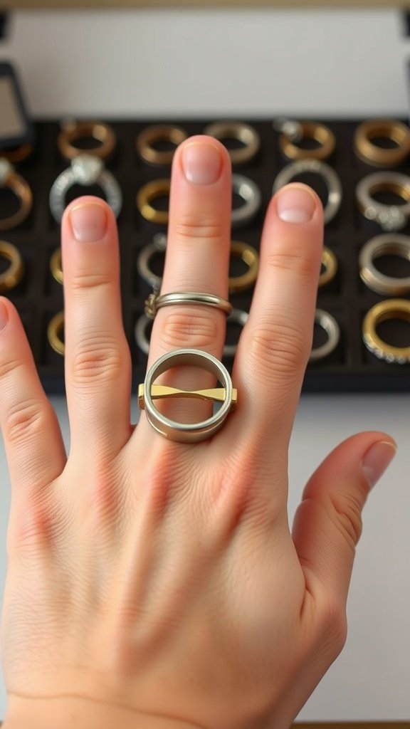 A hand with a ring sizer on it, showcasing various rings in the background.