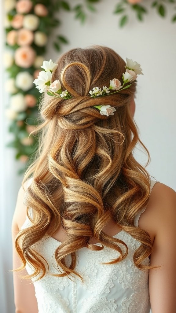 Romantic half up half down hairstyle with curls and flowers