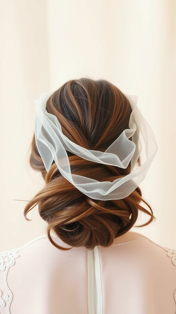 Back view of a bride's romantic loose bun hairstyle adorned with a delicate veil.