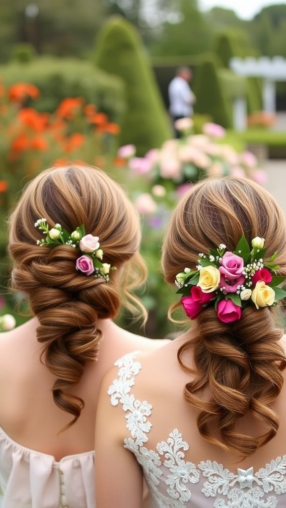 Two bridesmaids with loose buns decorated with flowers, showcasing a romantic hairstyle.