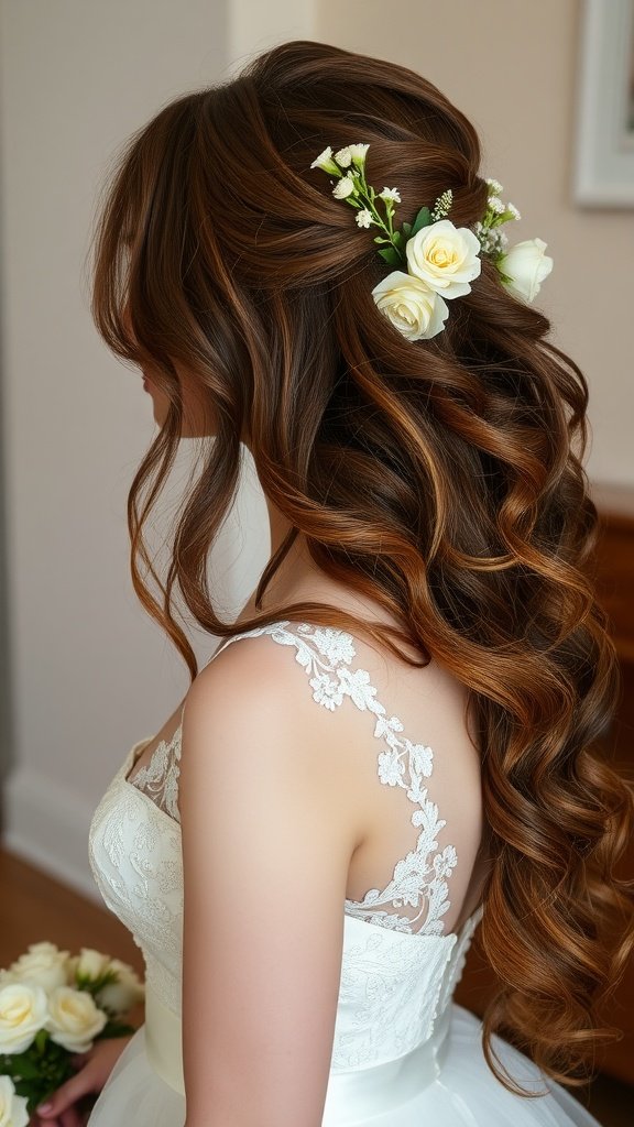 A bride with long, romantic loose waves adorned with white roses in her hair.