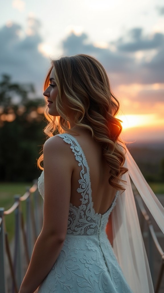 A bride with side-swept curls during sunset, wearing a detailed gown.