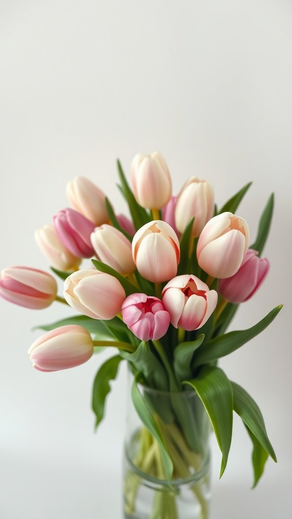 A romantic arrangement of pink and white tulips in a clear vase.