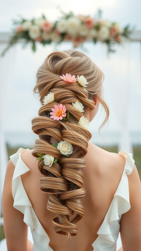 A romantic updo hairstyle with cascading flowers, featuring intricate braids, soft waves, and a white dress