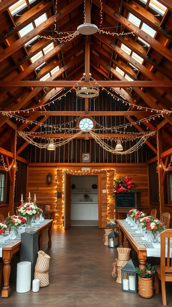 A beautifully decorated rustic barn for a wedding, featuring wooden beams, fairy lights, and floral arrangements.